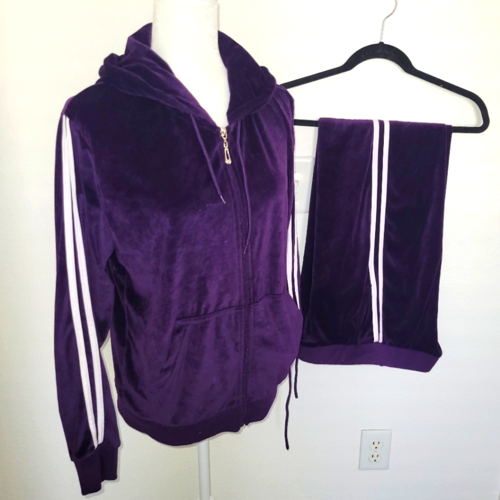 LEEMANTON Purple Velour Tracksuit with White Stripes L